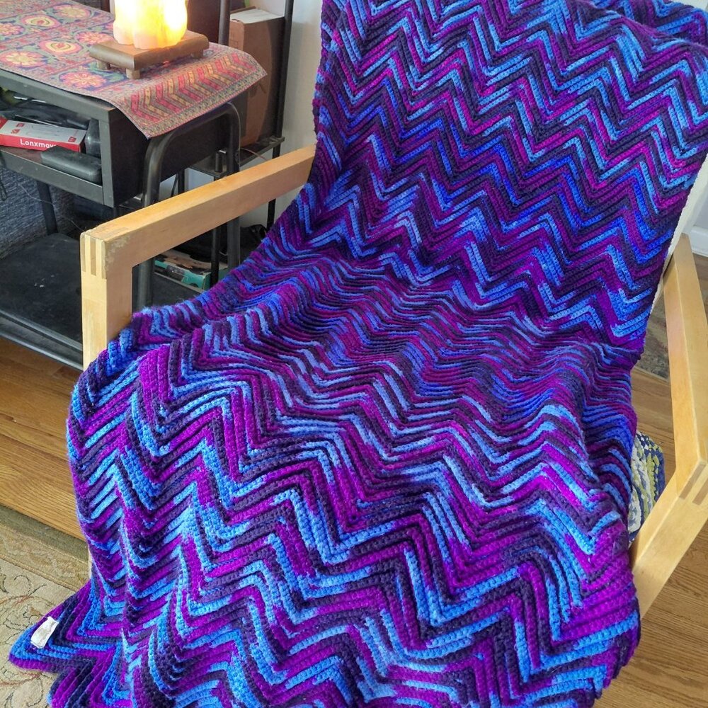 Vintage Handmade Crochet Chevron Blanket Throw Teal Purple Afghan 78x53 - Picture 10 of 11